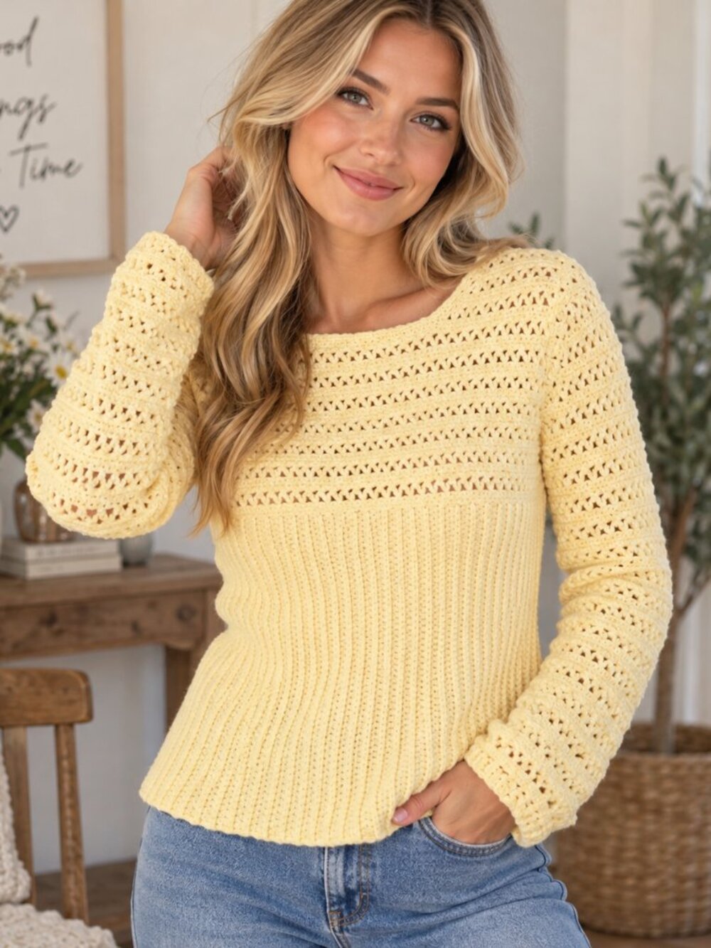 Handmade Yellow Long Sleeve Textured Open Knit Cottagecore Sweater